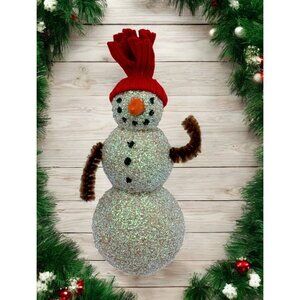 Vintage Glitter Snowman Christmas Tree Ornament Handmade with Red Hat